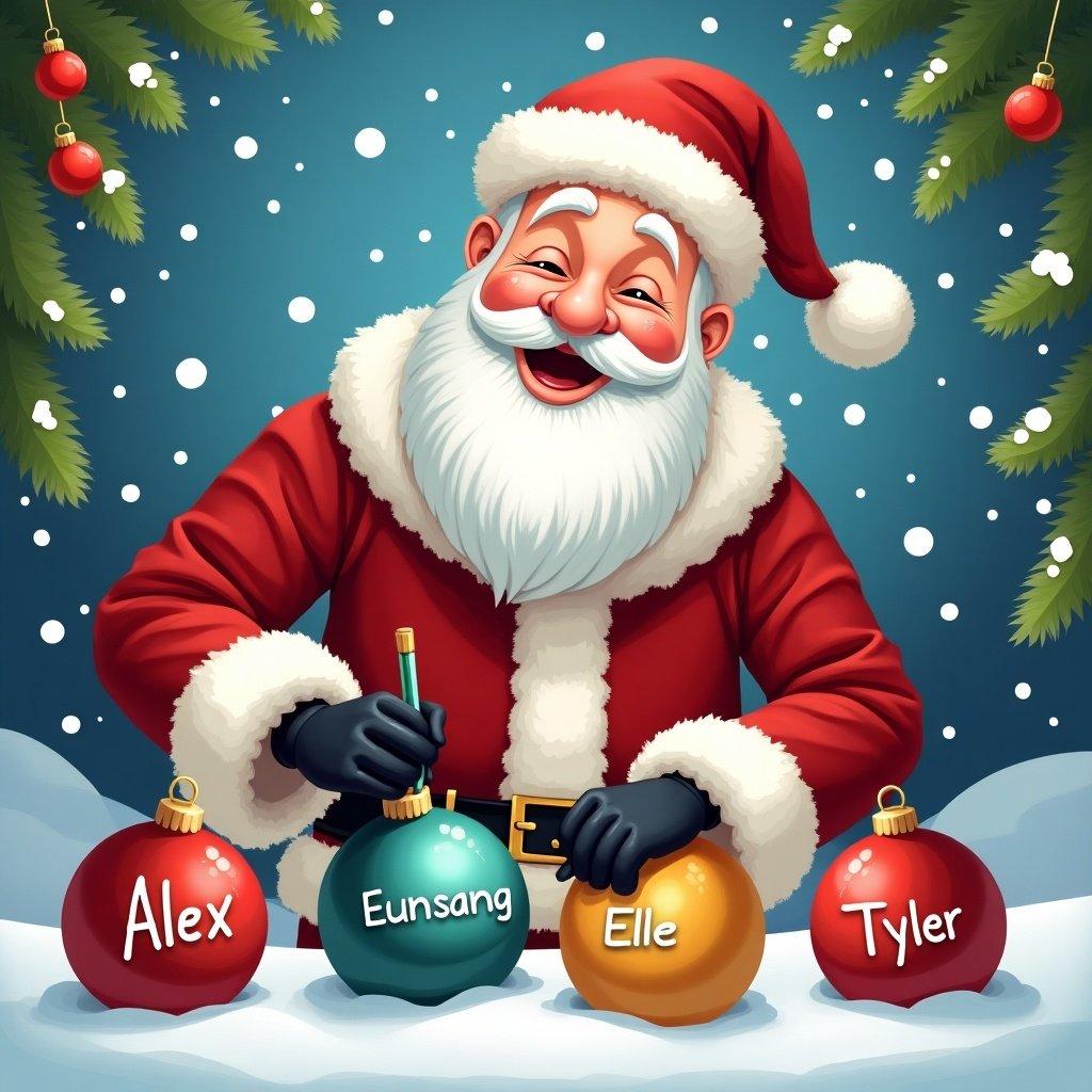 Santa Claus personalizing Christmas baubles. Snowy background with festive greenery. Baubles labeled with names. Cheerful Santa in red suit. Vibrant colors capture holiday joy.