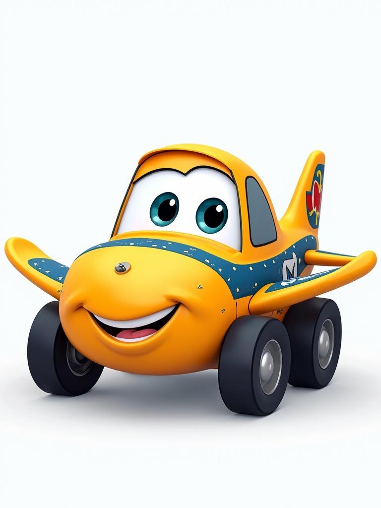 Cartoon character is a racing plane with a smile. Color scheme includes yellow, blue, and gray featuring number 07. It has a playful expression. Designed for children's entertainment. Represents a military veteran.