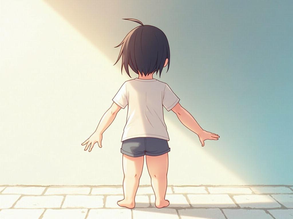 Anime girl wearing shorts viewed from the back. Character stands with arms outstretched. Background features soft lighting and simple floor design.
