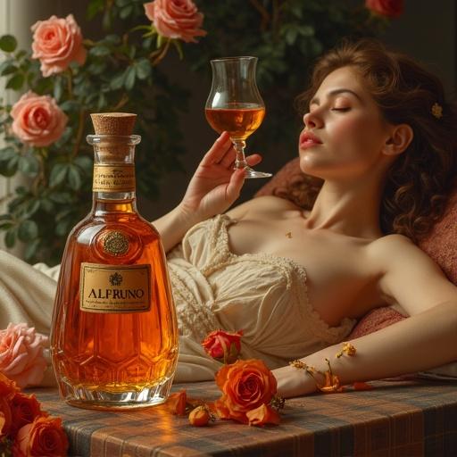 Depiction of a modern goddess reclining in a luxurious spa area. Surrounded by rose flowers. An apothecary spirit bottle labeled 'ALFRUNO' is prominently displayed. The bottle is filled with golden reddish herbal liqueur. The goddess raises a cocktail glass in a toast. The scene has an opulent and grand feel inspired by the Renaissance era.