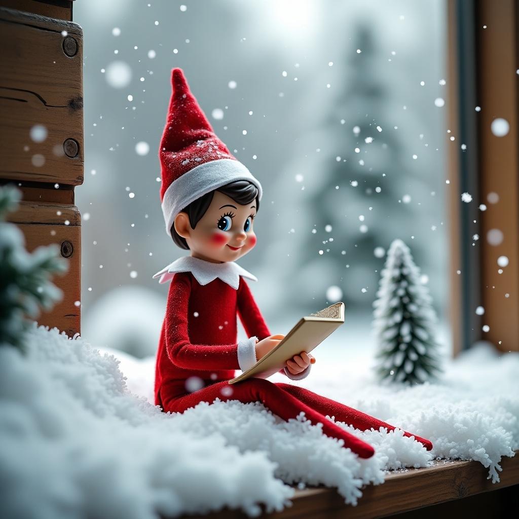 A whimsical scene featuring a red elf on the shelf sitting in the snow. The elf is focused on writing a message with snowflakes drifting around, creating a magical atmosphere. The elf's little red hat and outfit contrast against the white snow. An idyllic winter landscape is visible in the background.