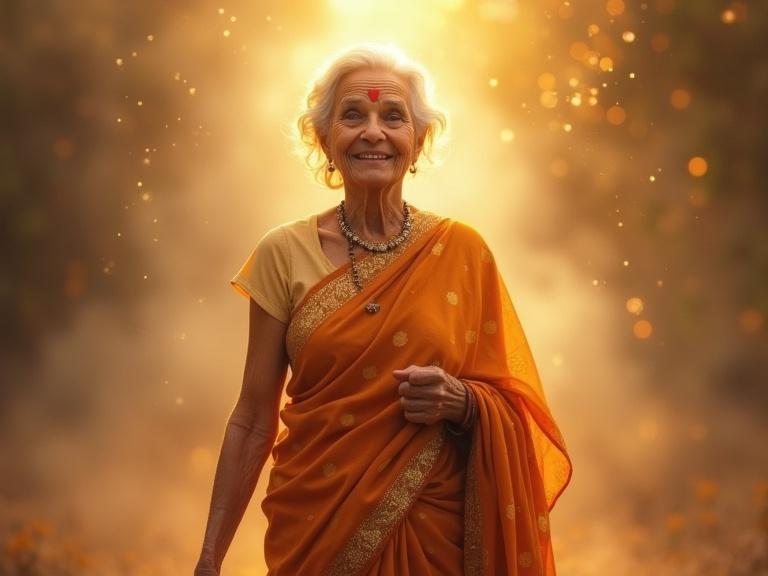 An elderly woman with a warm smile and kind eyes in glowing light. She wears a traditional saree in earthy colors with a golden border. Her figure is slightly translucent with sparkles and clouds around her. She appears as a guiding presence.