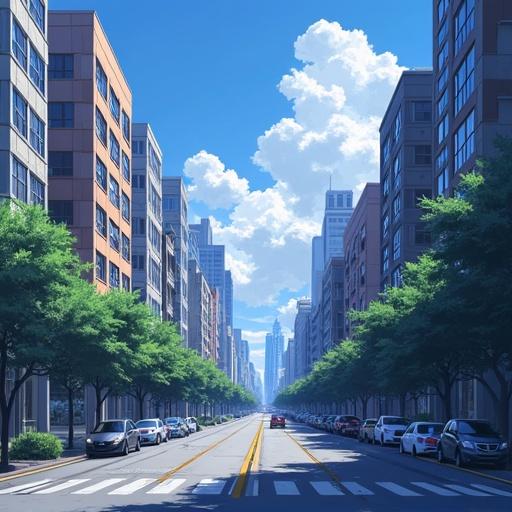 City scene depicted in anime style. Side view showcasing buildings and a central avenue. Lush green trees along the street. Bright blue sky with clouds. Busy urban atmosphere. Cars parked along the road.
