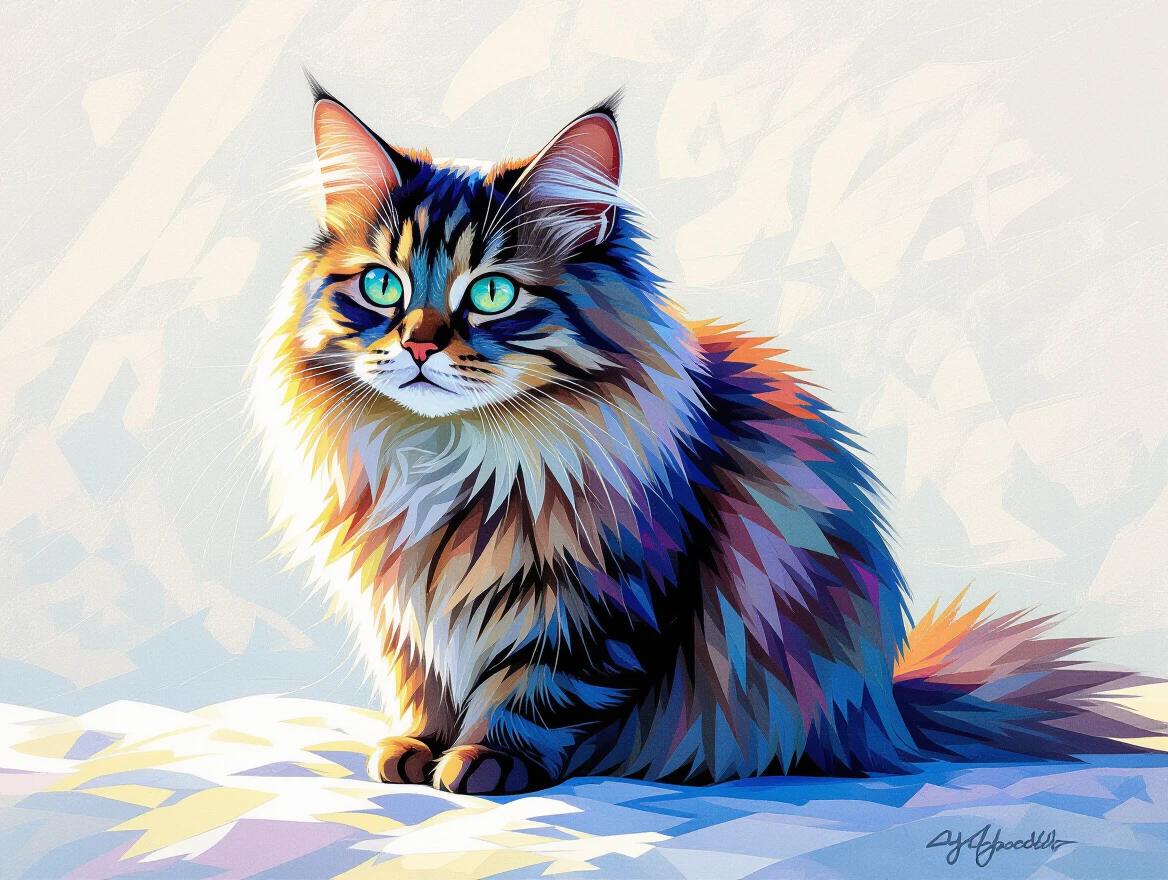 Pointillist portrait featuring a vividly colored cat. Composed with colored dots against a white textured backdrop infused with cool morning light. Balances natural realism with airy elegance.