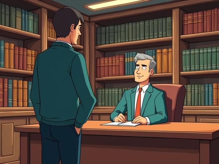Cartoon scene of a young man in his early thirties entering a library. He stands before a man in his fifties sitting at a desk. The library is filled with bookshelves.