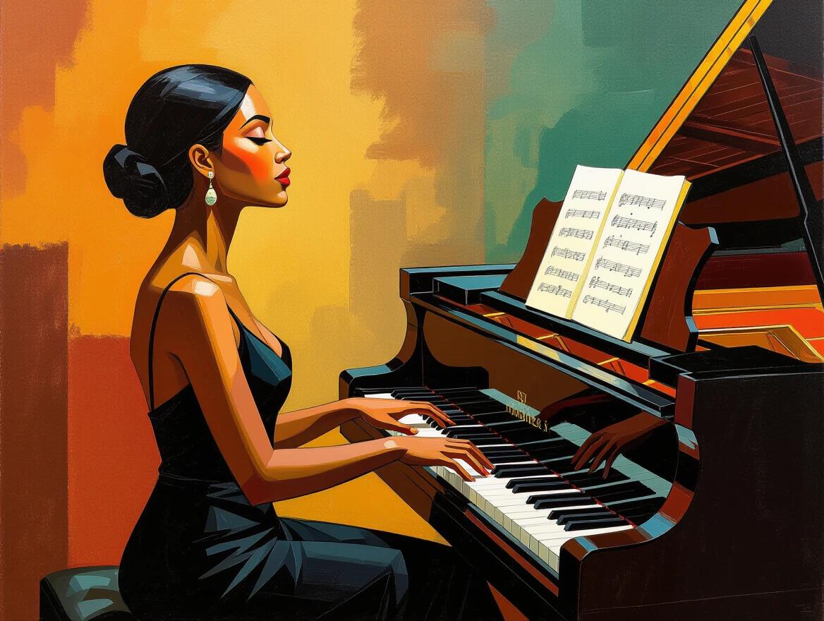 Young woman in flowing black dress plays concert piano. Elegant fingers glide over keys. Eyes gaze upward. Rich texture and color create an emotional scene. Inspired by modern abstract art styles.