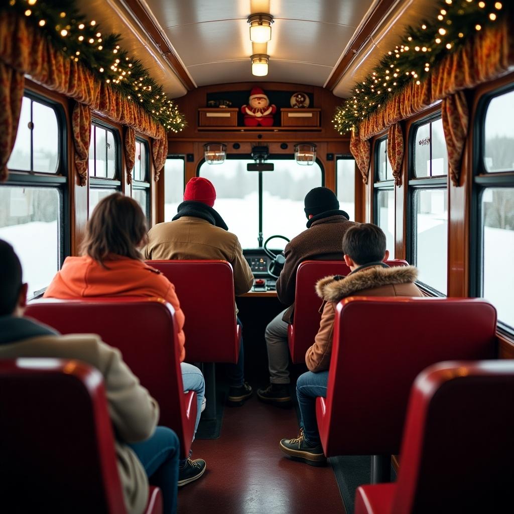 Interior view of a toy train. Passengers seated in warm attire. Driver at the front. Decorated with Christmas lights and garlands. Snowy landscape visible through windows. Cozy and festive atmosphere.