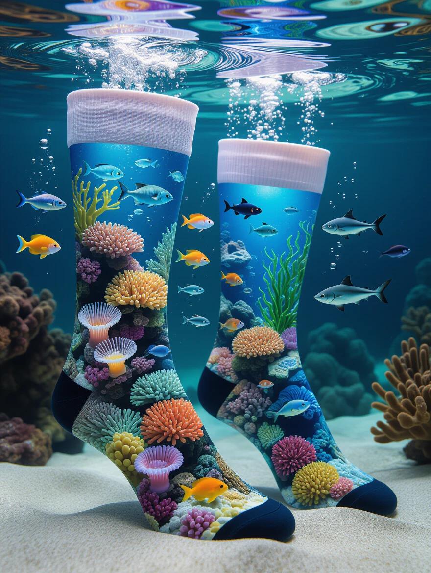 Knee-high socks feature living aquatic ecosystems. Transparent material displays tropical fish darting through coral reefs. Sea anemones sway in currents. Tiny sharks swim nearby. Bioluminescent plankton provide soft illumination. Each sock has a unique ecosystem. One represents a vibrant reef; the other showcases a mysterious deep ocean. Photography taken in an aquarium with professional lighting. The image blends fashion with the impossible notion of wearing mini oceans.