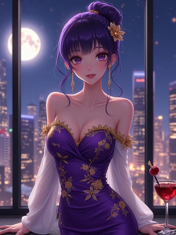 An elegant woman stands in front of a large window in an upscale lounge. She has long violet hair styled in an updo with golden floral accents. A luxurious off-shoulder purple gown embroidered with golden patterns and sheer sleeves gives her an exquisite appearance. A sophisticated cocktail is on the bar counter. The vibrant city skyline is visible at night with a full moon illuminating the scene. The atmosphere is romantic and cinematic with a modern touch.