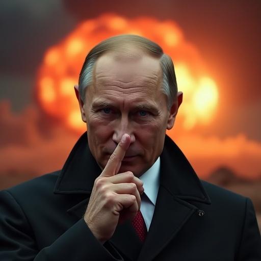 Hyperrealistic photo featuring a political leader in front of a nuclear explosion. Dark mood with a serious expression. Strong contrasts and dramatic background emphasizing tension.