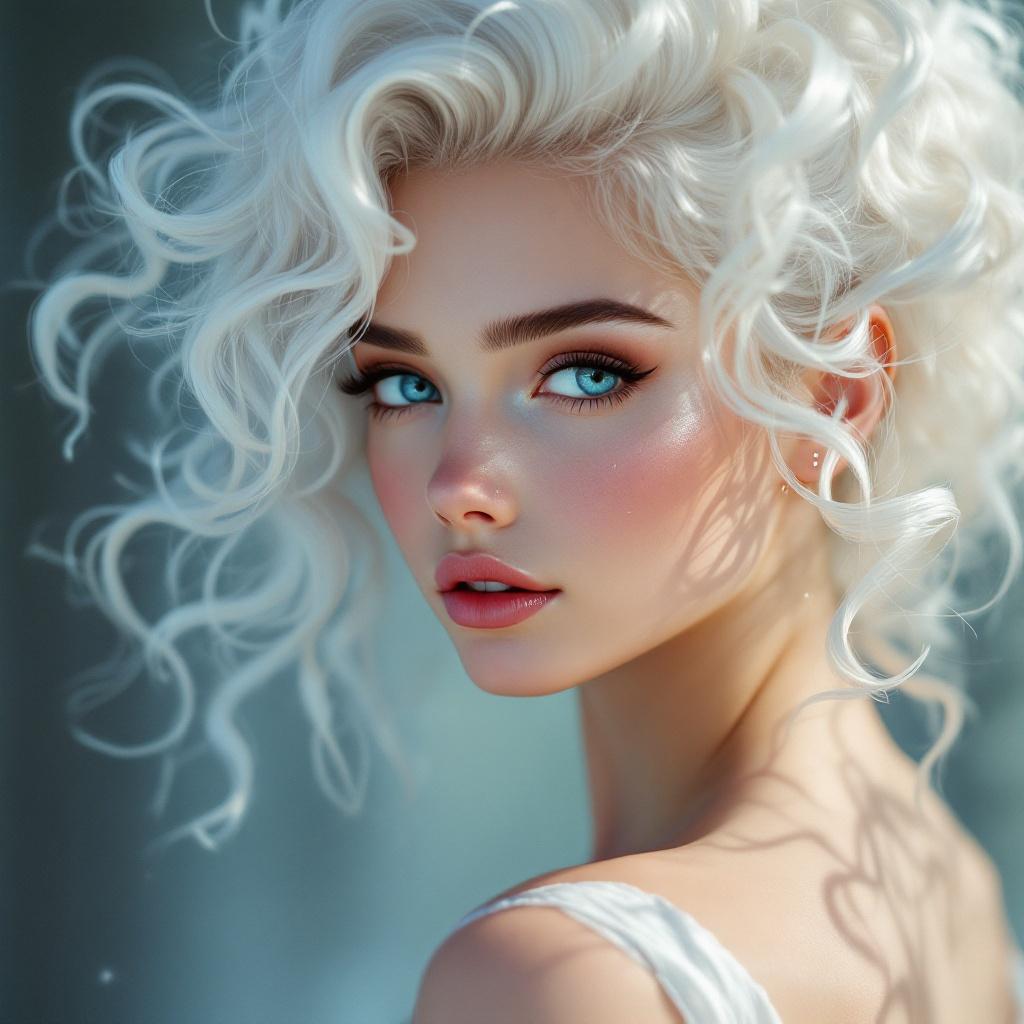 Digital artwork features a young woman with curly white hair. The illustration captures her delicate features and expressive eyes in an Aetherpunk style.