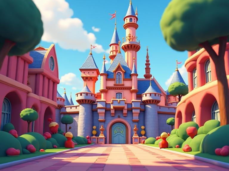 Vibrant animated castle with playful design surrounded by colorful trees and pathway. Blue sky with soft clouds. Bright colors dominate the scene creating a cheerful atmosphere.