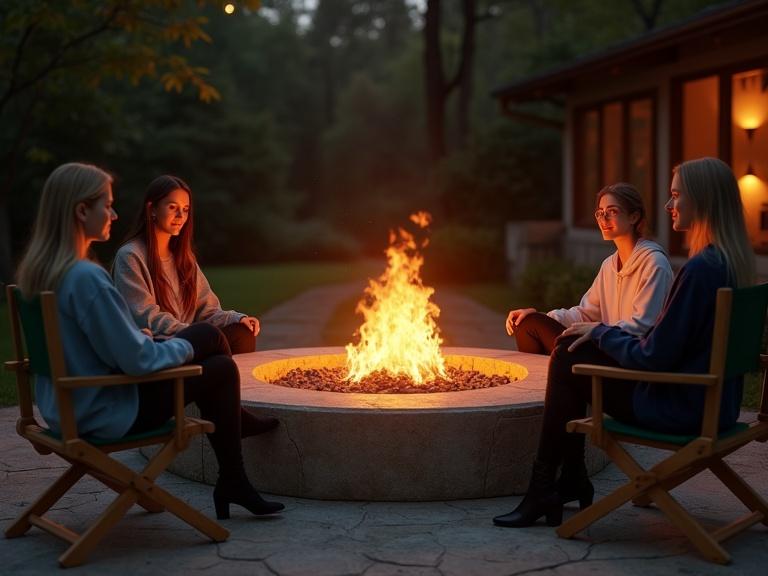 Photograph of three young women around a circular stone fire pit at night. The fire is burning brightly, casting a warm glow. Women sit in wooden chairs, smiling and relaxed. Setting includes visible greenery and ambient lights.