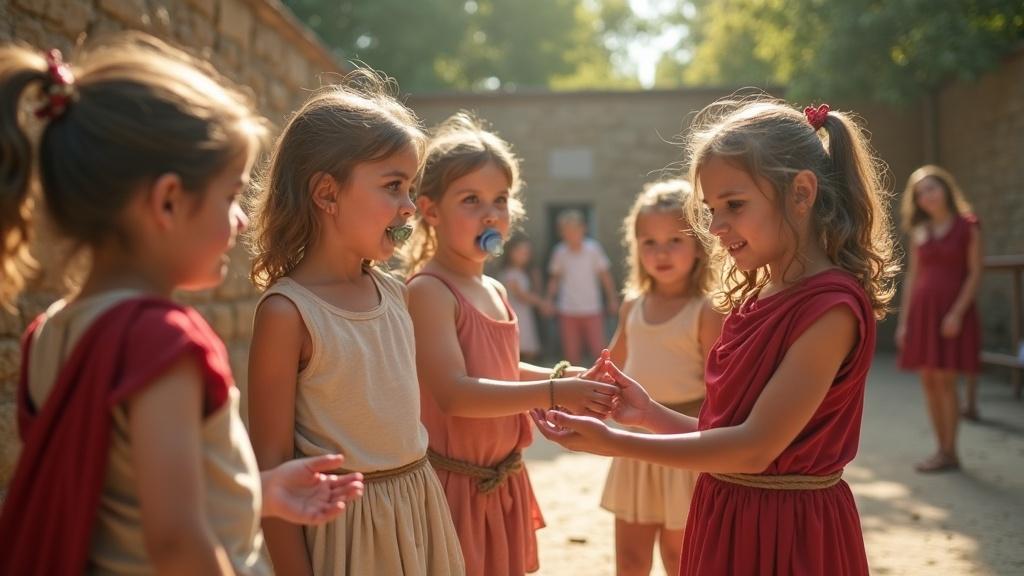 Sunny playground with children wearing Roman slave costumes. Light-hearted and whimsical atmosphere. Children engage in playful interactions styled with pacifiers. Kids' hands tied with a rope. Teachers act as Roman guards. All kids are locked in a cage.