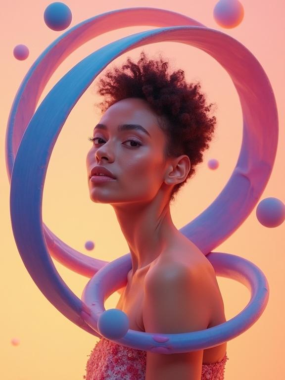 A surreal abstract composition features a woman with warm skin tones. She is framed by a fluid ribbon structure swirling around her. The ribbon blends blue pink purple orange tones. Spherical translucent objects float within it. The background transitions from peach to deep orange creating a warm glow.