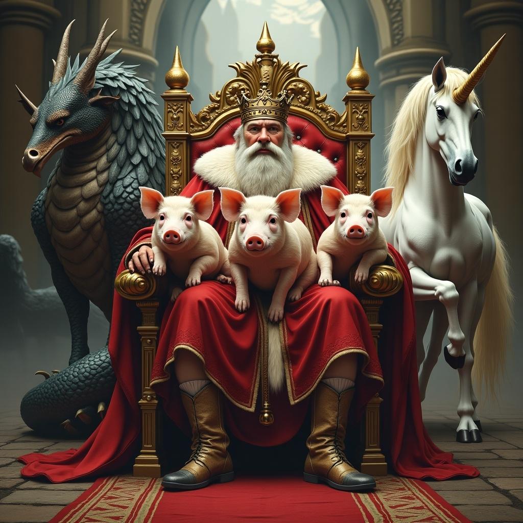 In a fantastical kingdom, a majestic king sits upon an ornate throne, adorned in royal robes. He holds three pigs on colorful leashes, symbolizing a unique royal bond. Flanking him are legendary creatures—the majestic unicorn, embodying purity and grace, stands tall beside the throne. A fierce dragon coils protectively around the back of the throne, its shimmering scales reflecting light. Griffins, with their eagle-like eyes, keep a watchful guard, adding to the air of royalty. This scene captures the essence of a magical realm filled with fantasy and wonder.