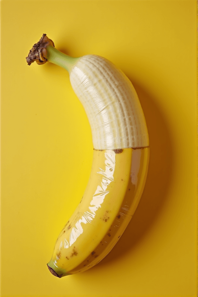 A banana is half peeled and half covered in plastic wrap, set against a yellow background.