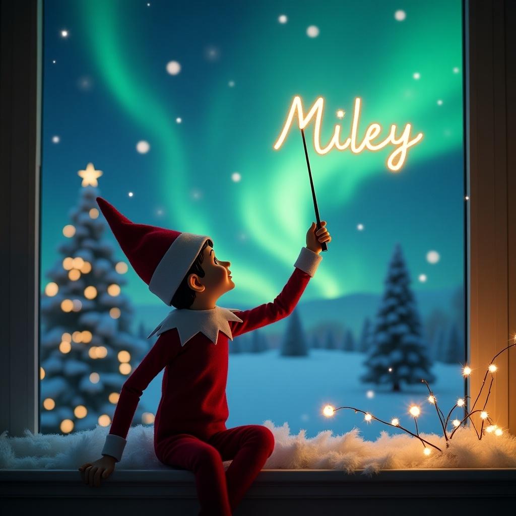 An enchanting Christmas scene featuring an elf on the shelf. The elf is sitting with its back to the viewer, gazing up at the vibrant northern lights. In one hand, the elf holds a wand, using it to write the name 'Miley' in the sky. The background is filled with a snowy landscape, with a beautifully lit Christmas tree nearby. Soft lights twinkle around the window, enhancing the magical atmosphere of this festive moment.