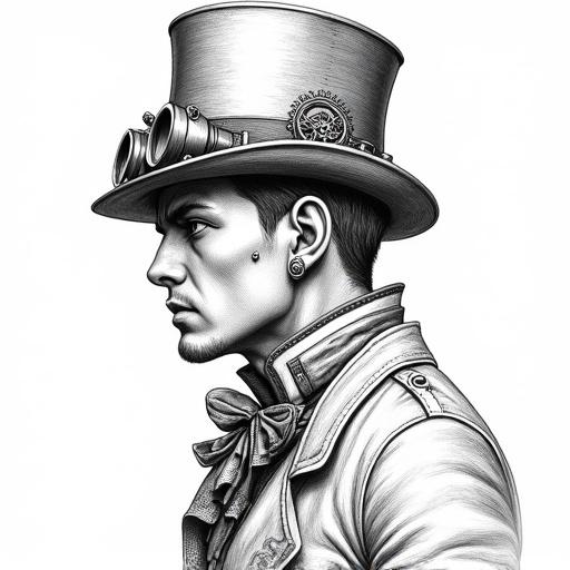 Striking hyper-detailed black and white line art profile portrait of a distinguished man wearing sophisticated steampunk attire. Unique tall hat with multi-lensed goggles and clockwork gears. Multiple ear piercings. High stiff collar with ornate cravat pin. Textured leather jacket with detailed stitching. Sharp, focused gaze. Masterful portrait style with precise lines and shading. Emphasizes textures. Dramatic side lighting.