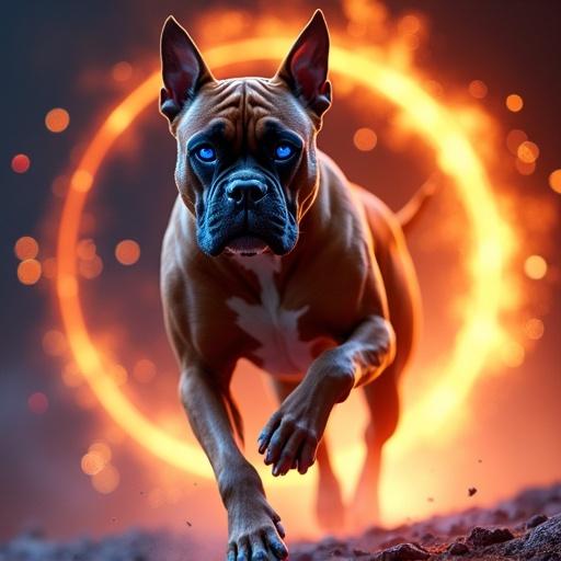A muscular Boxer dog runs surrounded by fiery cosmic flames. The fur is rich brown with a black muzzle. The eyes glow blue. The expression is fierce and focused. Dark void background features a glowing orange-red ring. Fire trails behind in surreal liquid patterns with hints of blue and purple. The image showcases intense motion and energy. Rendered in hyper-realistic detail with a cinematic color palette.