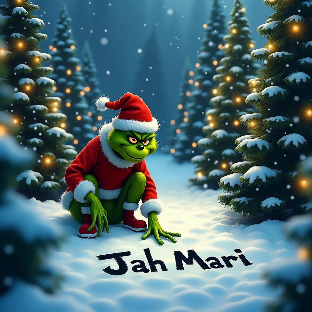 The Grinch outside in the snow. Christmas trees surround him with lights. The Grinch writes Jah Mari in the snow.