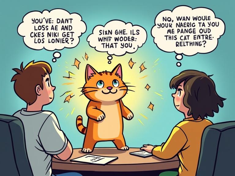 Comic-style scene depicts confused users illuminated by understanding. Kiki the cat translates messages. Sparkles and exclamation points emphasize excitement.