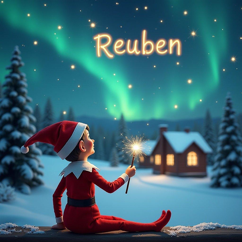 An elf sits on a wooden ledge with its back to the camera, gazing at a magical sky. The elf, dressed in a red outfit with a pointed hat, holds a sparkling wand. With the wand, the elf elegantly writes the names 'Reuben' in the starry sky. The background features a snowy landscape with charming little houses and evergreen trees under the shimmering Northern Lights. This whimsical scene captures the essence of childhood magic and Christmas cheer.