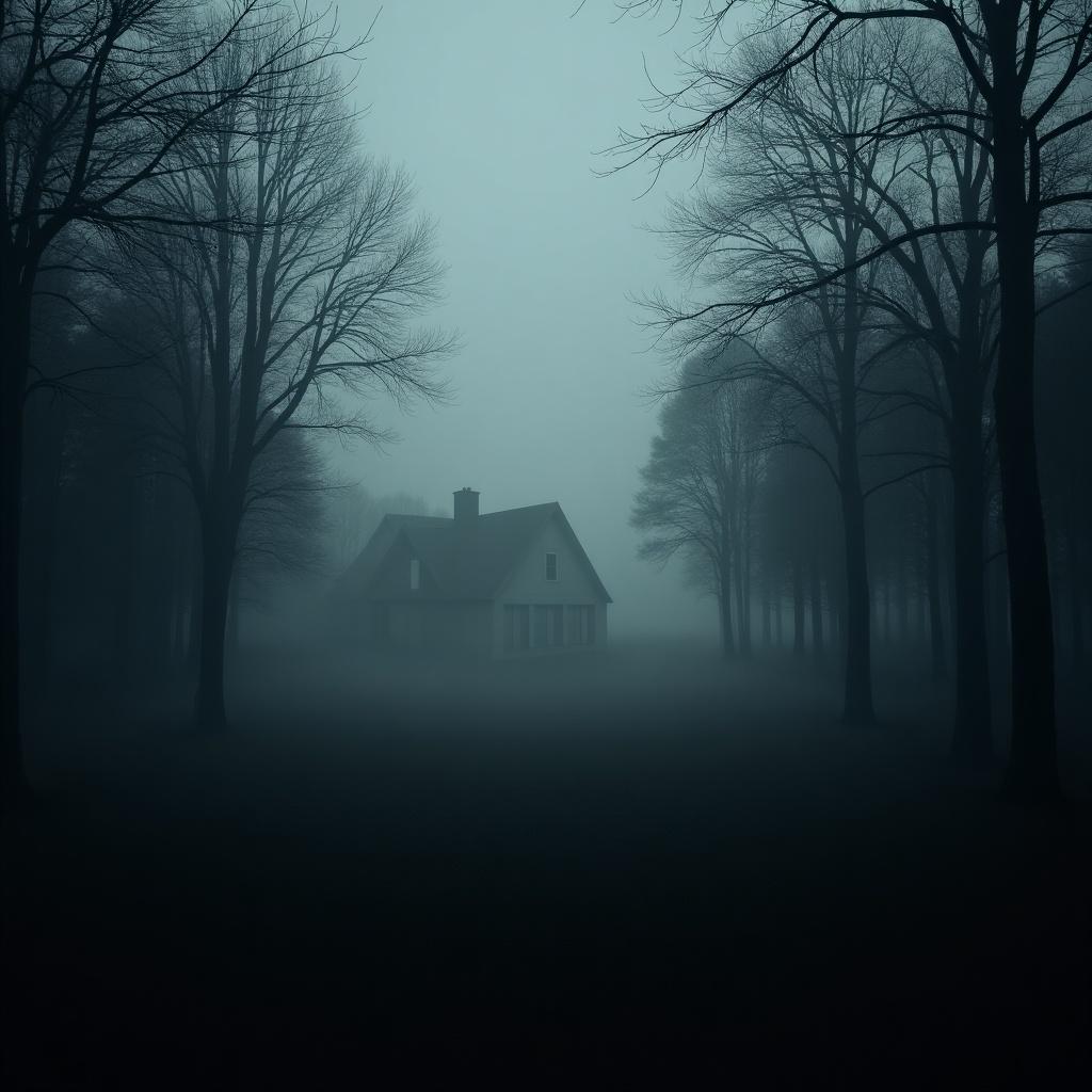 Fog covers the landscape with trees surrounding a distant house. The atmosphere is dark and moody. The house appears ghostly in the fog.