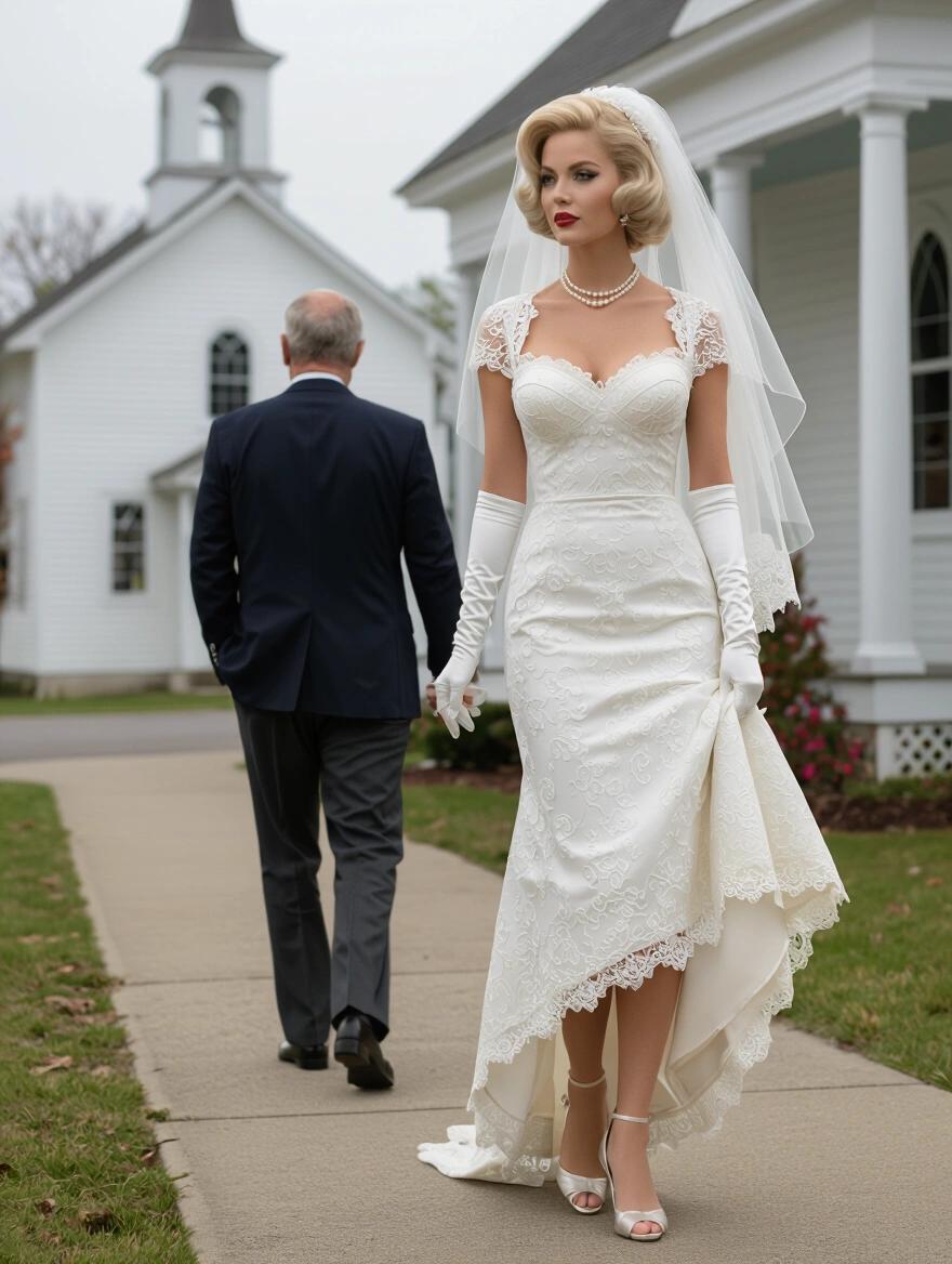 Portrait of a bride in a vintage wedding dress. She has platinum blonde hair and is wearing a pearl necklace. Dress has lace details. She walks away from a church. The setting is serene and elegant.