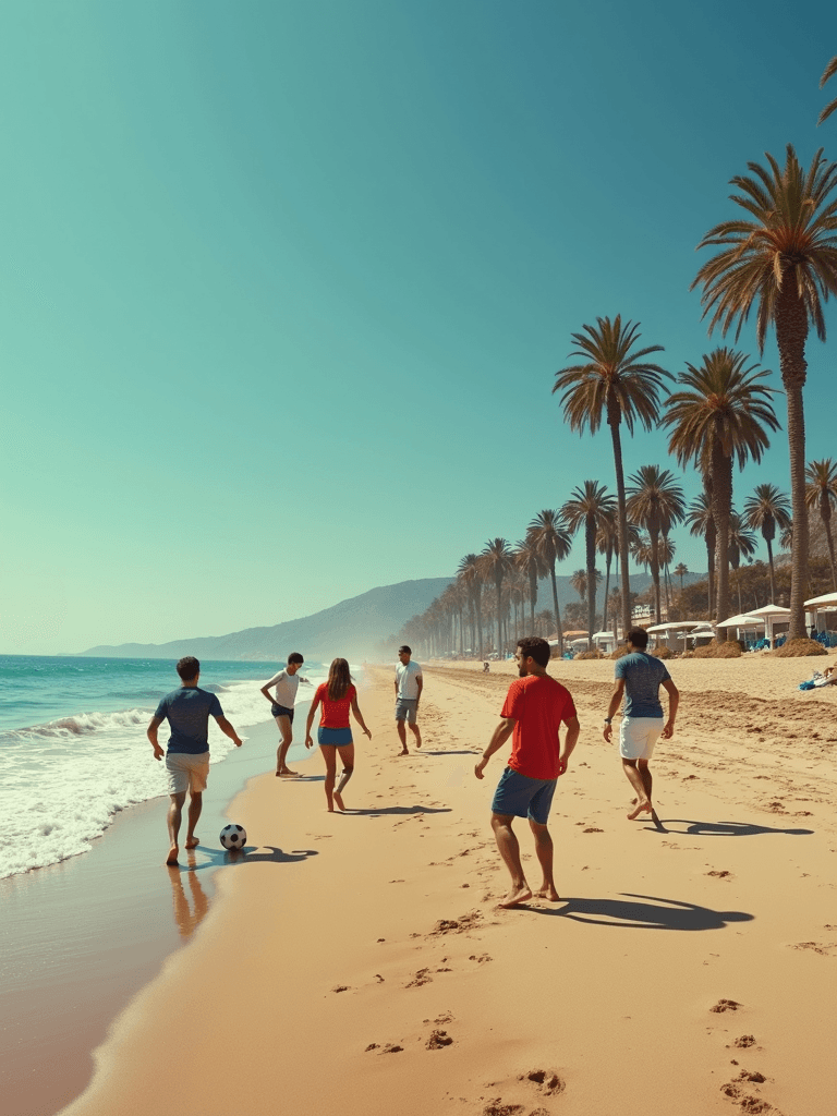 A group of friends plays soccer on a sunny beach lined with palm trees.