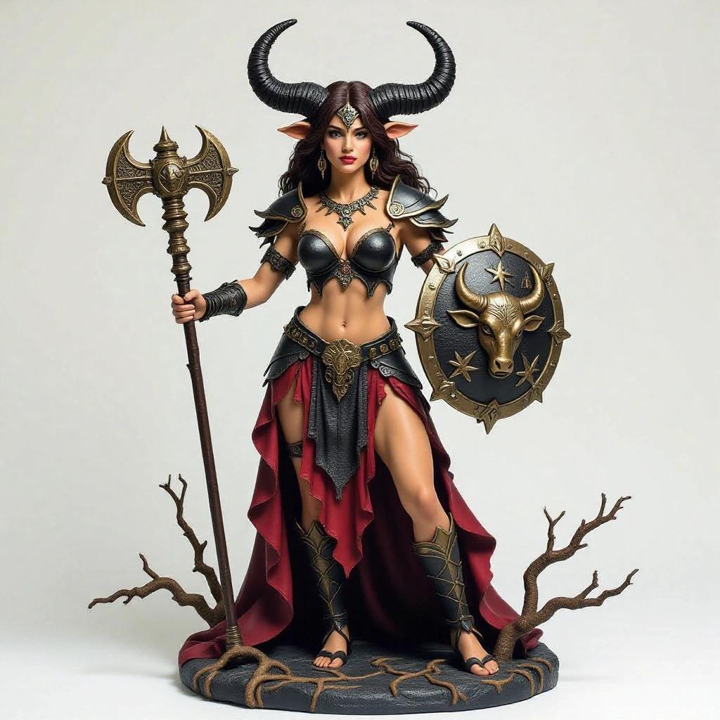 Resin statue depicting a Taurus-inspired goddess. Woman with dark brown hair and bull horns. Wears black and red armor with natural details. Holds a mace and shield with bull motifs. Base mimics cracked earth with roots. Guardian expression.