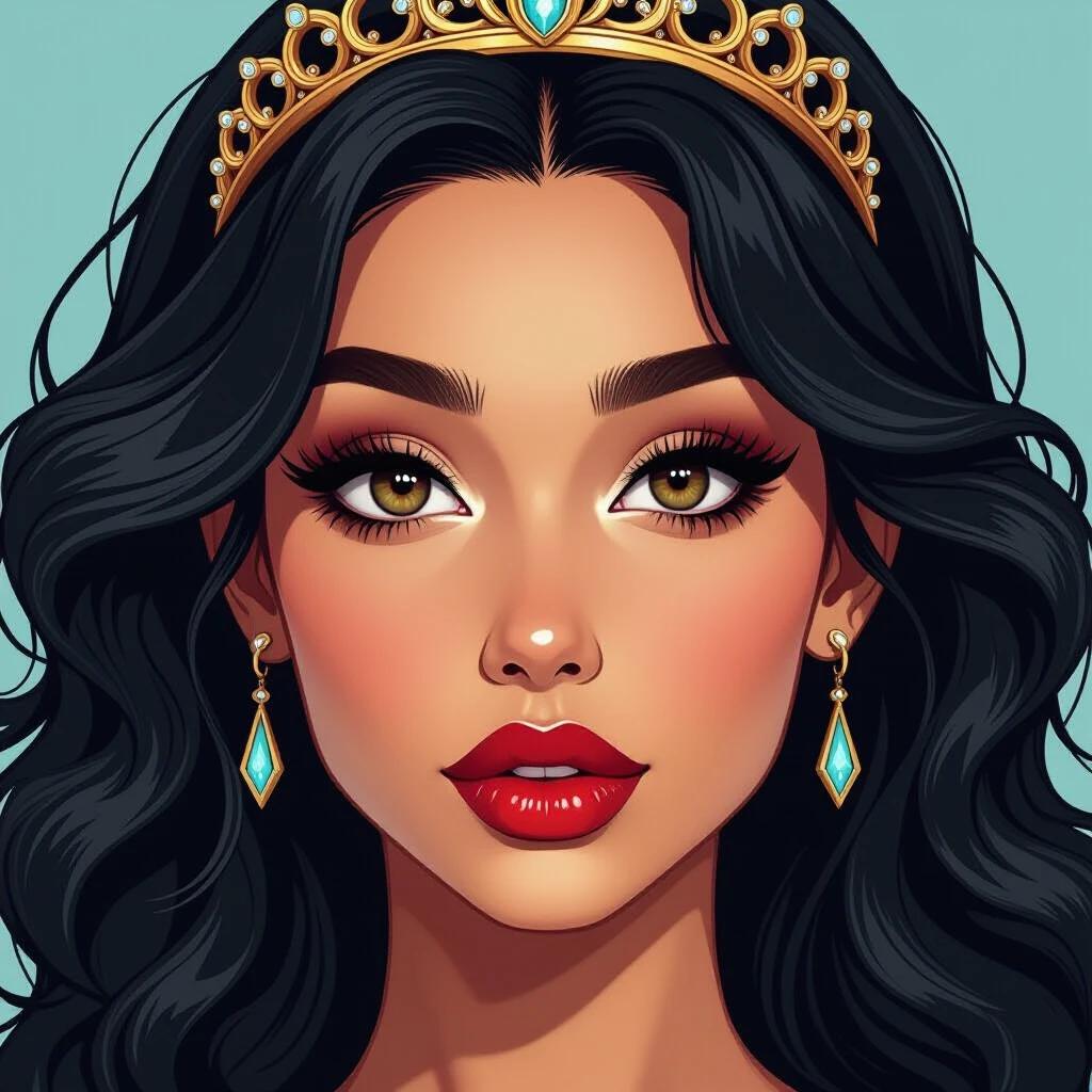 Detailed portrait of a female character. She has olive skin, brown eyes, and full lips. Hair is black and wavy. She is wearing a tiara and has earrings. The style is comic book with sharp lines and cell shading. It emphasizes fantasy aesthetics.