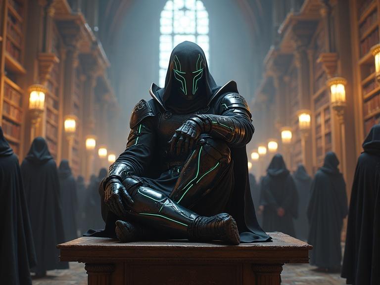 A futuristic warrior with neon bordered body armor sits on a desk in an ancient library scene. The atmosphere is mystical with soft glow and many people in robes in the background. The character is photorealistic, pointing towards the camera.