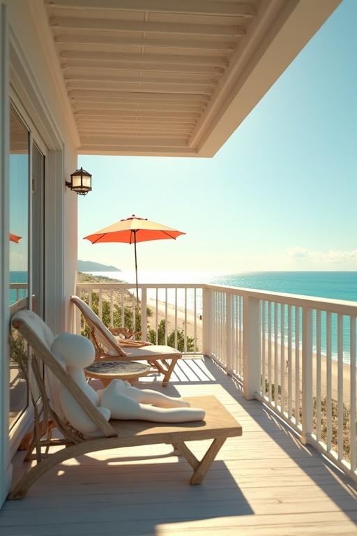Realistic beach house balcony with beach view. Furniture includes chairs and umbrellas. Mannequins placed in relaxing positions. Captures lens flares and film dust effects.