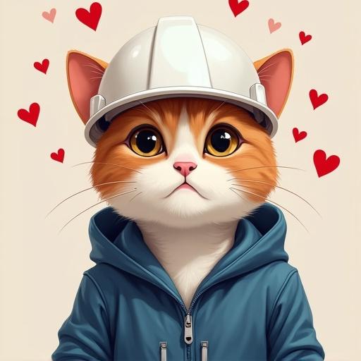 Semi-realistic cat with hearts floating above its head. Cat wears a white hard hat and blue work jacket. Cat has dreamy eyes and is blushing slightly.