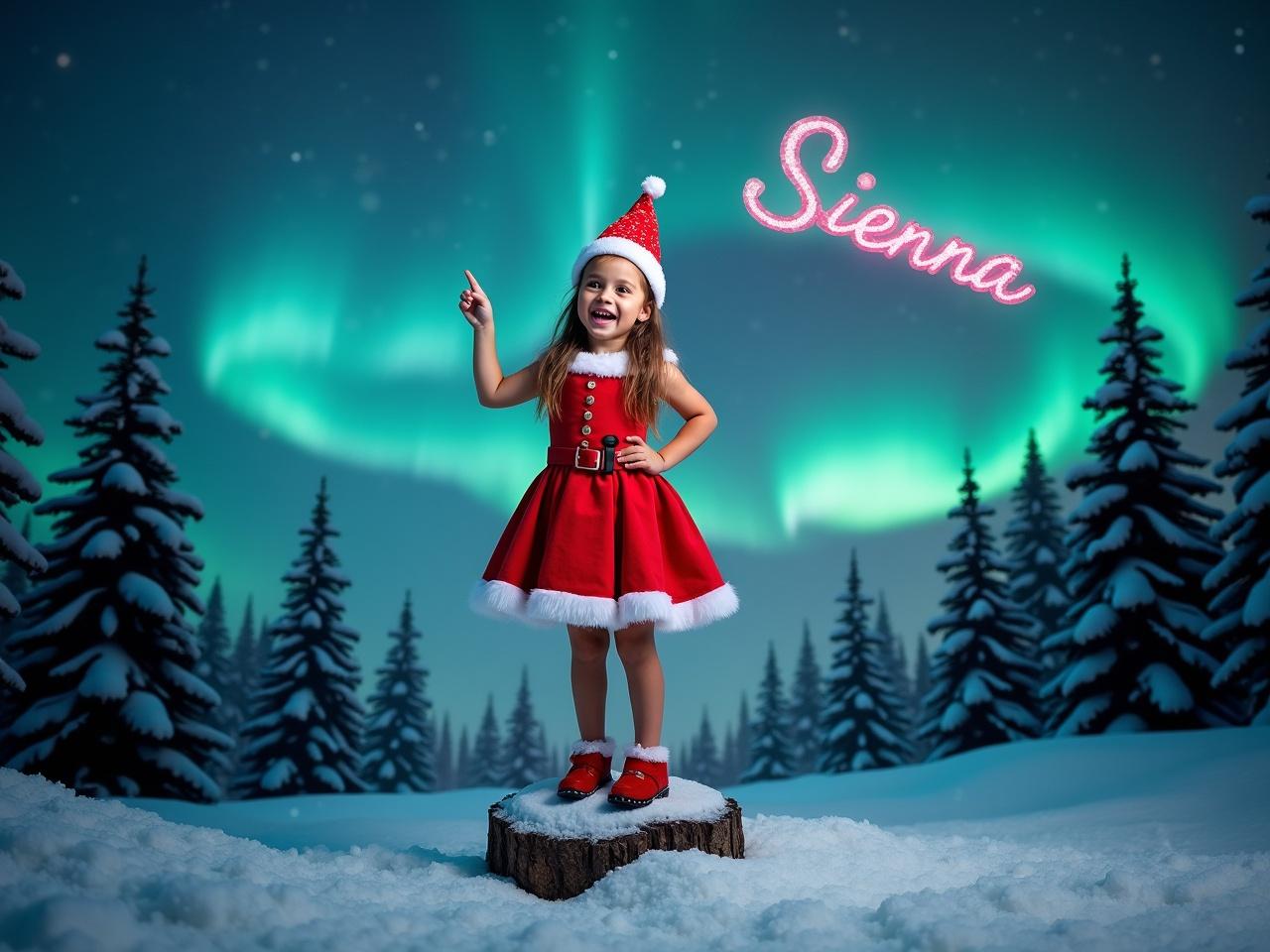 The image features a cheerful young girl dressed as an elf, standing atop a small rock in a snowy landscape. She wears a bright red dress with white trim and a matching festive hat. The background displays a stunning aurora borealis, illuminating the night sky with vibrant colors. Surrounding her are tall pine trees, some covered in snow, contributing to the wintery atmosphere. The girl's expression is joyful as she points upwards, where the name 'Sienna' is written in sparkling pink letters. This scene conveys a sense of magic and festive spirit.