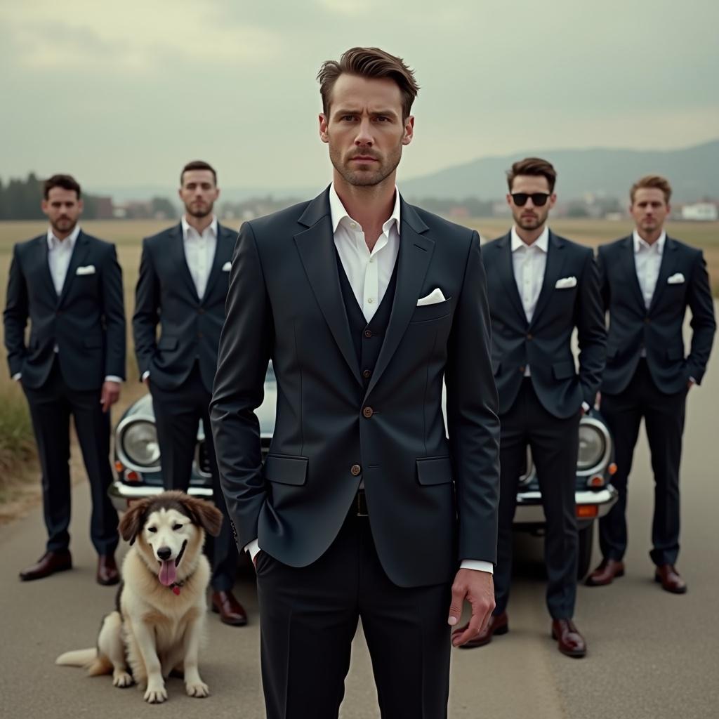 A confident man stands in front of a luxurious car. He is dressed in a suit and has a group of men in similar attire behind him. A dog sits in the foreground.