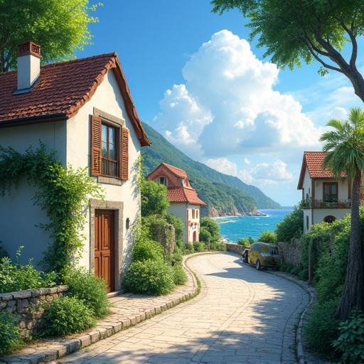 A fairy coastal town. A curve road with vantage car. Blue sky with clouds. Trees casting shadows. Peaceful village street with houses on both sides. Sunlight highlighting path and buildings. Green plants adorn the area.