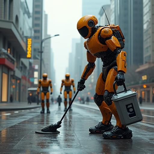 Futuristic robots are cleaning the street in a city. Robots are semi-human in design wearing yellow features. They use cleaning tools to maintain cleanliness. The environment is urban with modern buildings. Weather appears foggy and overcast. Several robots populate the scene.
