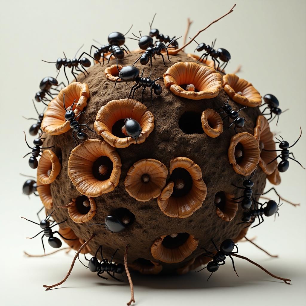 Highly detailed 3D rendering shows a spherical roothold infested with ants. The structure is made of a carapace and fungus elements. Colors are predominantly brown with black accents.