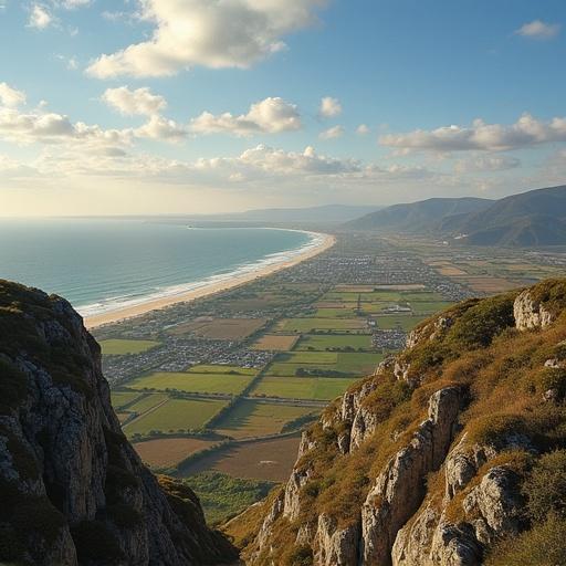 A breathtaking coastal landscape. Hills on the right. Ocean waves on the left. Lush green fields present. Clouds scattered above. Blue sky visible.