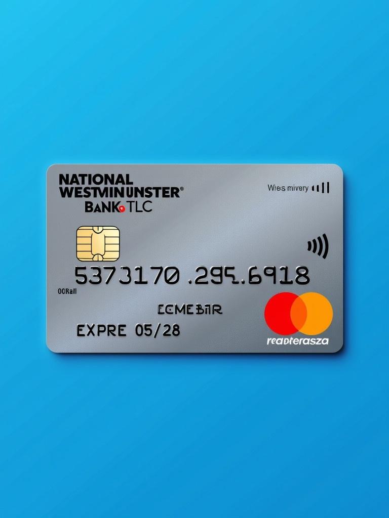 Realistic debit card featuring MasterCard logo and NATIONAL WESTMINSTER BANK PLC. Card number 5373170189629818 clearly visible. Name Esme Barr displayed on card. Expiry date 05/28 shown prominently. Blue background creates clean look.