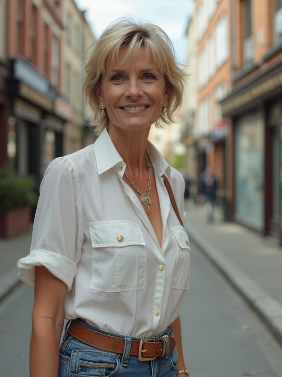 Mature woman with short hair wears a white blouse and daisy dukes. She stands on an old street. Platform trainers complete her look. The street is lined with shops and people.
