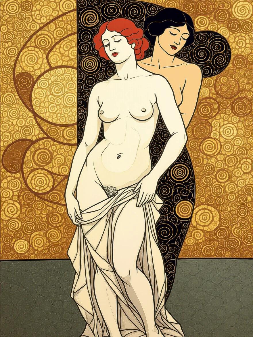 A nude woman is styled like Rodin's sculptures. Features soft colors and intricate patterns. Background is inspired by Klimt's artwork.