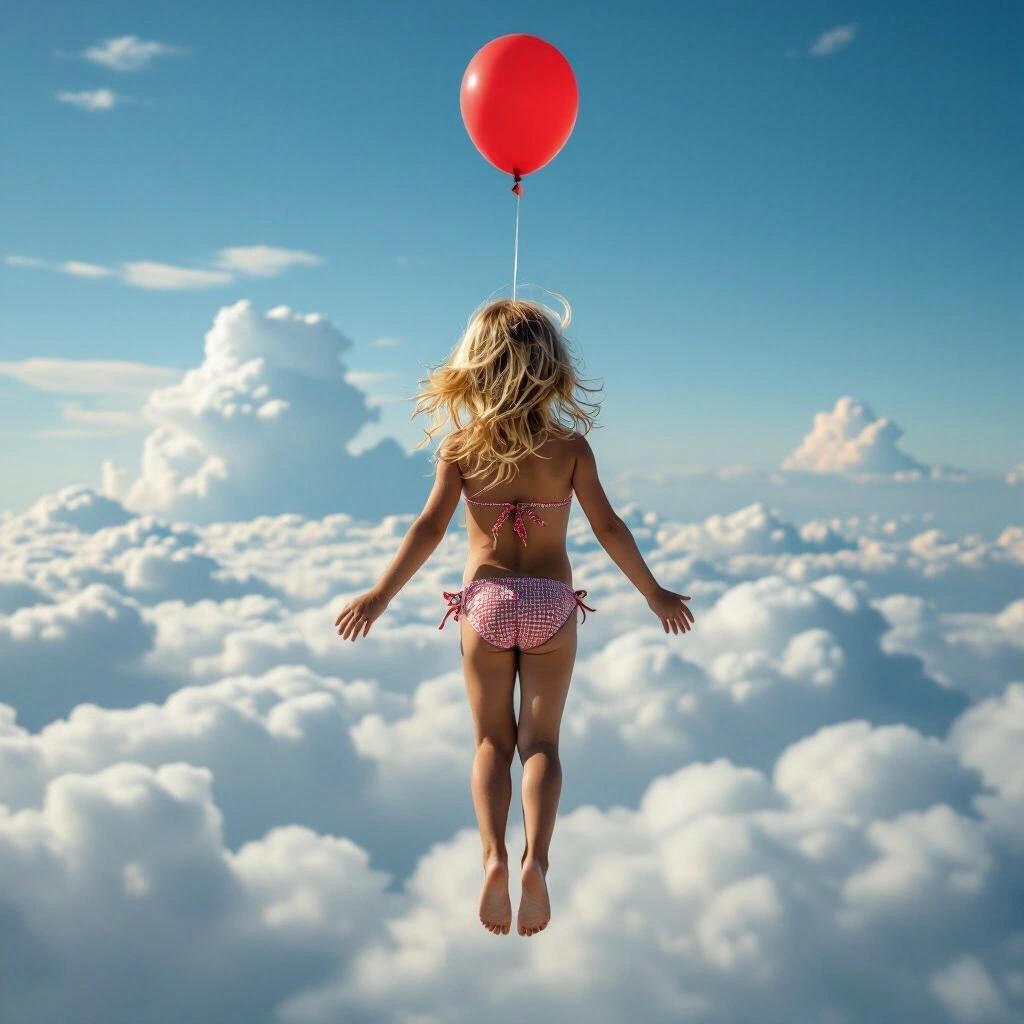 A young blonde girl is floating above fluffy clouds. She wears a bikini and holds a bright red balloon. The scene conveys a sense of freedom and adventure. Her feet are off the ground appearing to ascend into the sky.