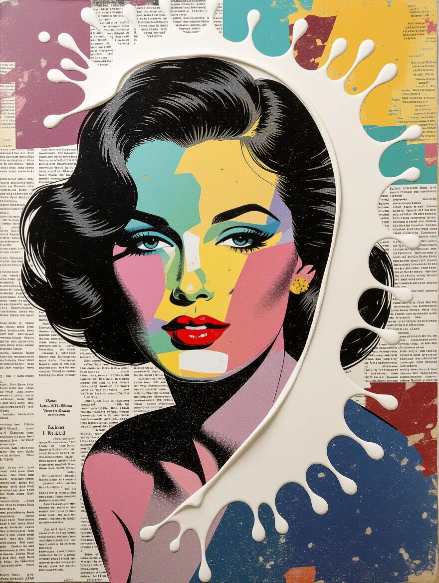Glamourous female figure in pop art style. Influenced by Warhol and Matisse. Features splashed milk texture. Mixed media elements like newspaper and jute fibers. Includes colorful abstract background. Digital art with vibrant details.