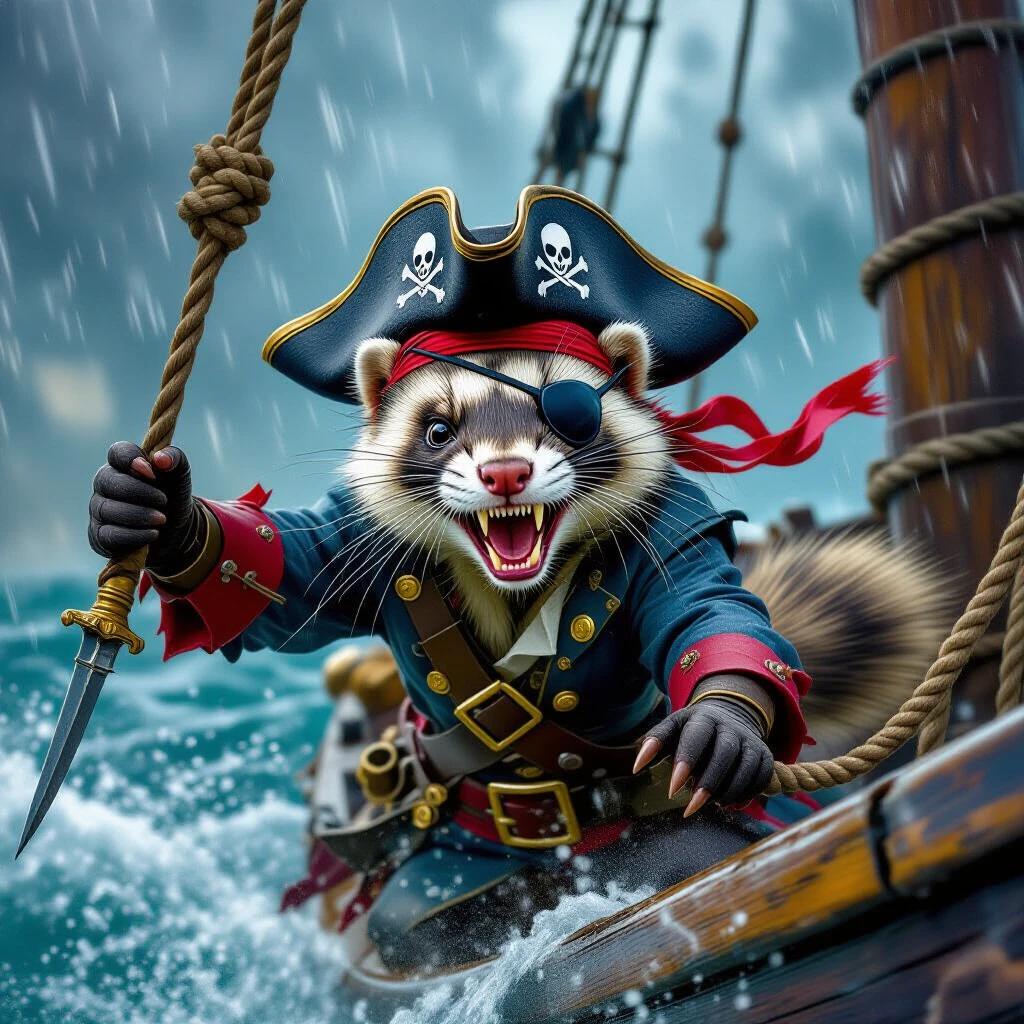 Fierce ferret wearing pirate attire swings on a rope aboard a pirate ship during a storm. The ferret has an eye patch a dagger in its teeth. The sea is tumultuous with waves crashing against the ship.