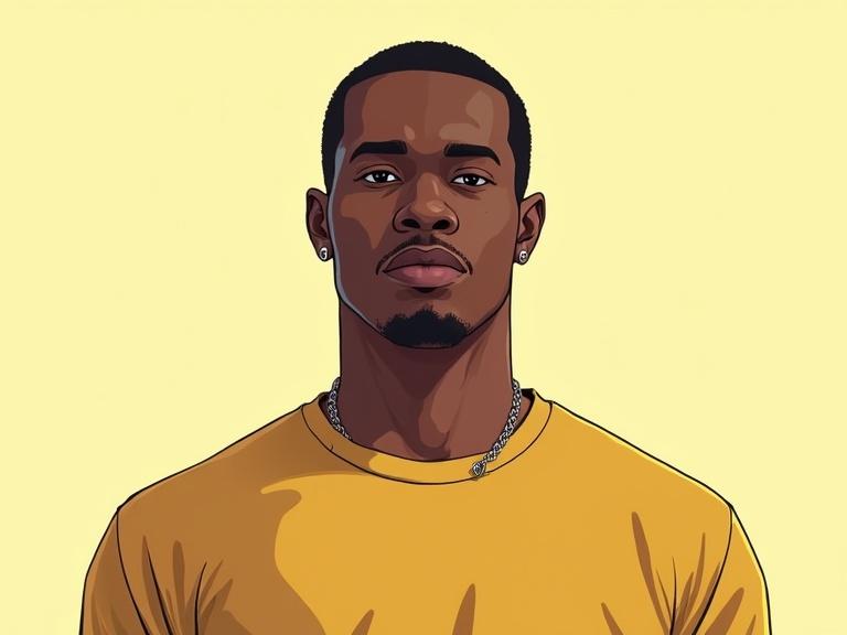 Illustration of a black male character in a full body pose facing the camera. The character wears a solid color yellow t-shirt. The background is simple and lacks detail. The art style is inspired by Grand Theft Auto 3 with bold lines and flat vibrant colors.