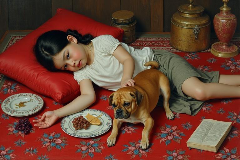 Painting depicts young girl with dark hair reclining on red pillow. She looks down at small brown dog. Still life around her includes china plate, grapes, doll, fan, books. Rich colors create intimate atmosphere. Soft lighting enhances peaceful mood.