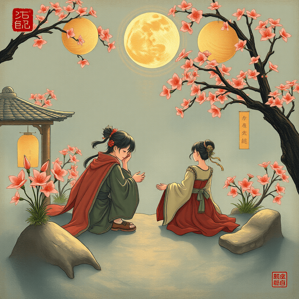 Two girls in traditional attire sit under pink flowering trees during a full moon.